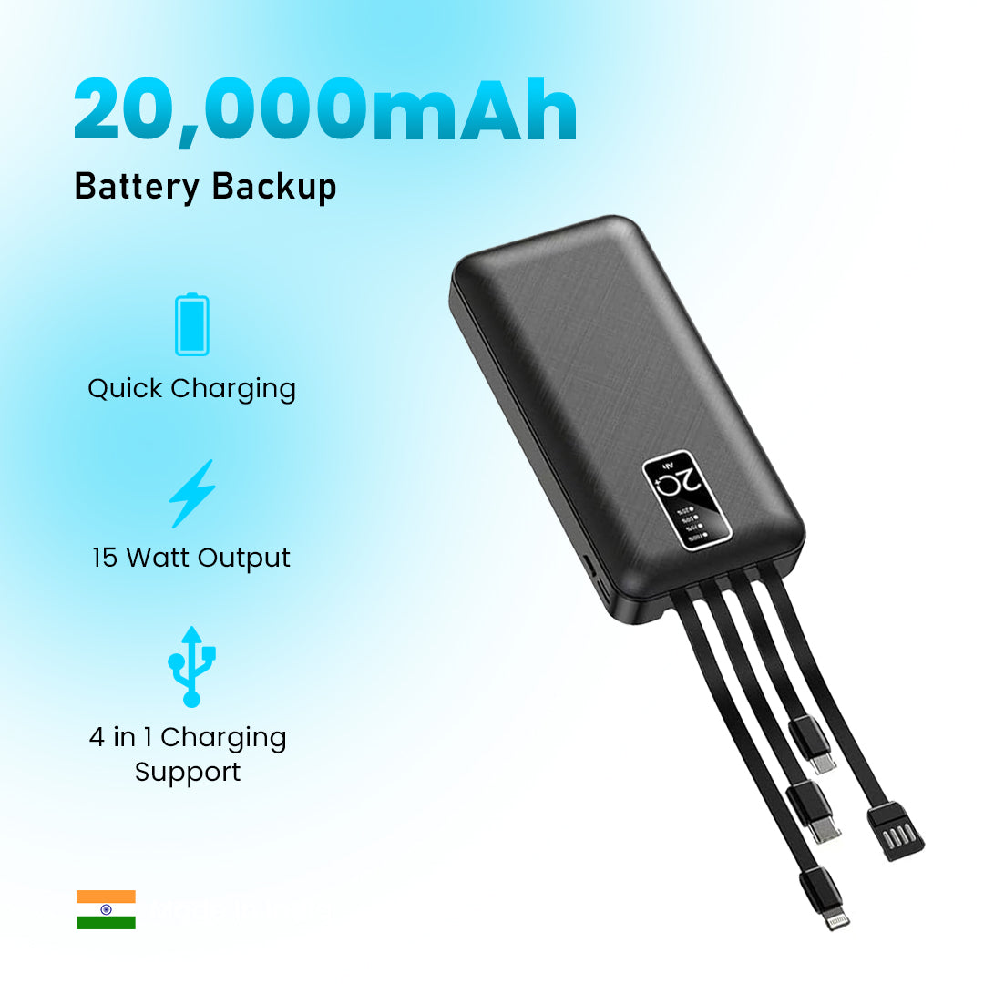 TecMarx 20000 Mah Power Bank | With 2 Emergency LED Torch | Battery Indicator | 4 IN 1 Charging Support