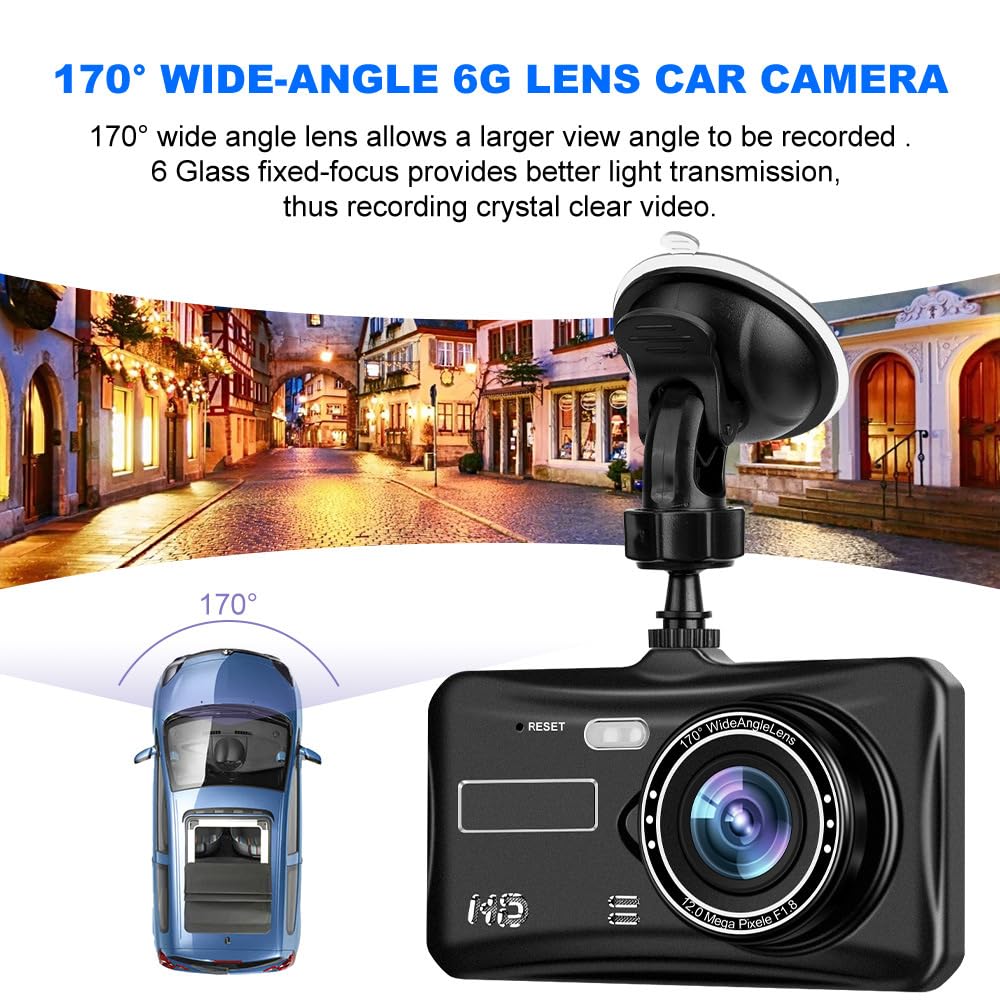 TecMarx Car Front and Rear Dashboard Camera | 4.0" IPS LCD Touch Screen | Full HD 1080P Dual Video Recording | G-Sensor | Night Vision