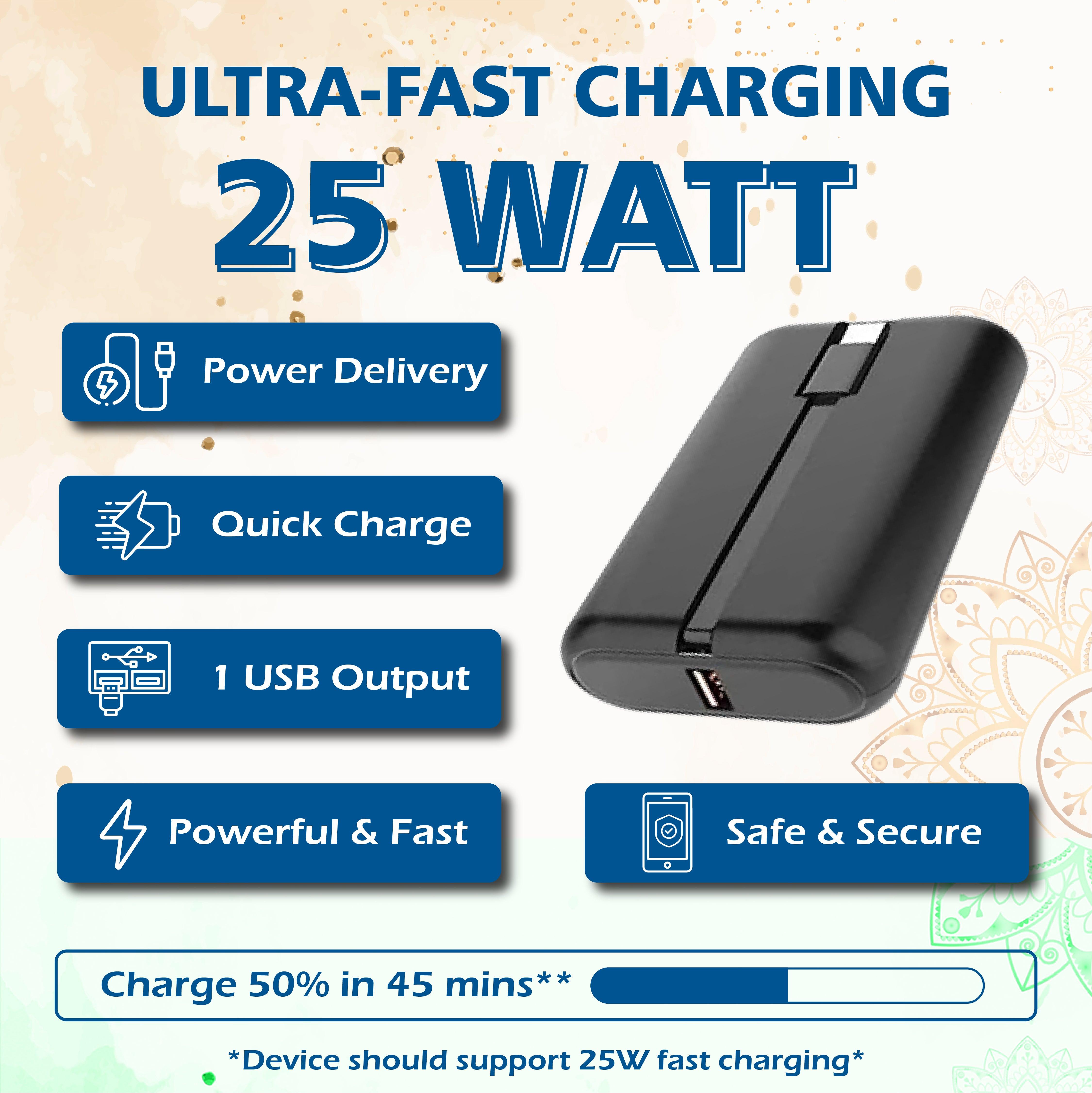 TECMARX 25W PD Powerbank | 10000 mAh Fast Charging | Attached Type C Cable - TECMARX